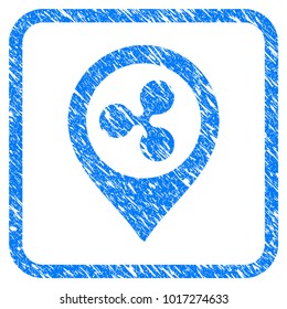 Ripple Map Marker rubber seal stamp watermark. Icon vector symbol with grunge design and corrosion texture inside rounded square frame. Scratched blue sign on a white background.