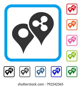Ripple Map Markers icon. Flat gray iconic symbol inside a blue rounded square. Black, gray, green, blue, red, orange color additional versions of ripple map markers vector.