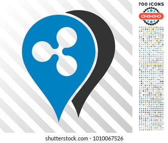 Ripple Map Markers pictograph with 7 hundred bonus bitcoin mining and blockchain pictograms. Vector illustration style is flat iconic symbols designed for bitcoin software.