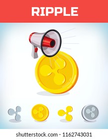 ripple with megaphone. ripple. Digital currency. Crypto currency. Money and finance symbol. Miner bit coin criptocurrency. Virtual money concept. Cartoon Vector illustration.