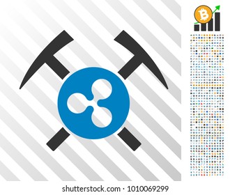 Ripple Mining Hammers icon with 7 hundred bonus bitcoin mining and blockchain clip art. Vector illustration style is flat iconic symbols designed for cryptocurrency websites.