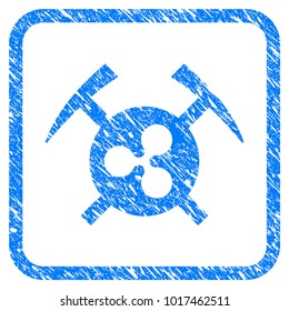 Ripple Mining Hammers rubber seal stamp watermark. Icon vector symbol with grunge design and unclean texture in rounded square frame. Scratched blue stamp imitation on a white background.