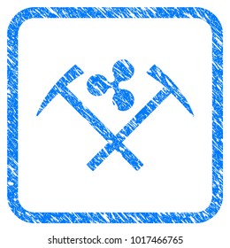 Ripple Mining Hammers rubber seal stamp watermark. Icon vector symbol with grunge design and unclean texture in rounded square frame. Scratched blue sign on a white background.