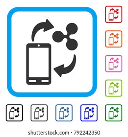 Ripple Mobile Banking icon. Flat grey pictogram symbol inside a blue rounded rectangular frame. Black, gray, green, blue, red, orange color variants of ripple mobile banking vector.