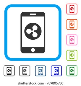 Ripple Mobile icon. Flat grey iconic symbol inside a blue rounded frame. Black, gray, green, blue, red, orange color variants of Ripple Mobile vector. Designed for web and application UI.