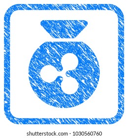 Ripple Money Bag rubber seal stamp watermark. Icon vector symbol with grunge design and corrosion texture inside rounded square frame. Scratched blue sign on a white background.