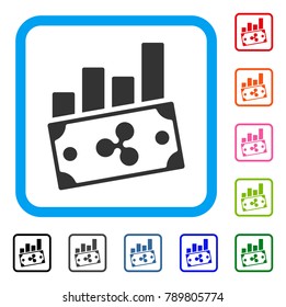 Ripple Money Charts icon. Flat gray pictogram symbol inside a blue rounded squared frame. Black, gray, green, blue, red, orange color variants of Ripple Money Charts vector.