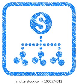 Ripple Money Relations rubber seal stamp watermark. Icon vector symbol with grunge design and corrosion texture inside rounded squared frame. Scratched blue sign on a white background.