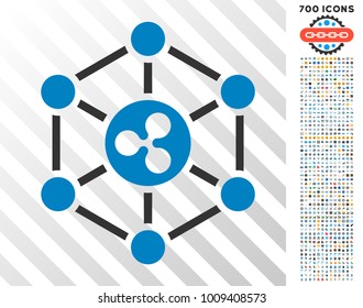 Ripple Network icon with 7 hundred bonus bitcoin mining and blockchain graphic icons. Vector illustration style is flat iconic symbols designed for bitcoin apps.