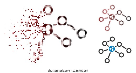 Ripple network nodes icon in sparkle, dotted halftone and undamaged solid variants. Fragments are organized into vector dissipated Ripple network nodes icon.