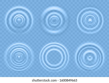 Ripple On Blue Water. Circular Waves Of Liquid Product Top View, Splash From Falling Drops, Round Radial Ripples On Sea Concentric Surface Vector Realistic Texture