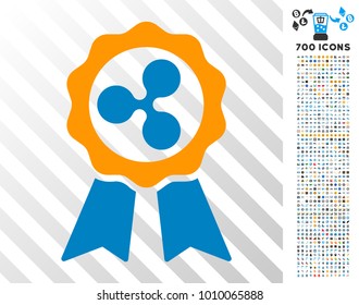 Ripple Premium Ribbons icon with 7 hundred bonus bitcoin mining and blockchain symbols. Vector illustration style is flat iconic symbols designed for bitcoin websites.