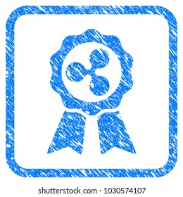Ripple Premium Ribbons rubber seal stamp watermark. Icon vector symbol with grunge design and corrosion texture in rounded rectangle. Scratched blue emblem on a white background.