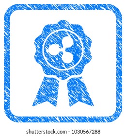 Ripple Premium rubber seal stamp imitation. Icon vector symbol with grunge design and unclean texture inside rounded rectangle. Scratched blue stamp imitation on a white background.