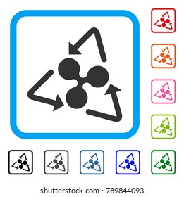 Ripple Recycling icon. Flat grey pictogram symbol inside a blue rounded rectangular frame. Black, gray, green, blue, red, orange color variants of Ripple Recycling vector.