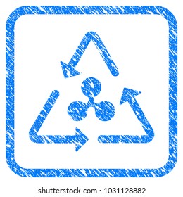 Ripple Recycling rubber seal stamp imitation. Icon vector symbol with grunge design and unclean texture inside rounded square. Scratched blue sticker on a white background.