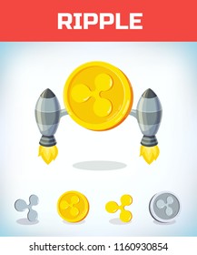 ripple with rocket. ripple. Digital currency. Crypto currency. Money and finance symbol. Miner bit coin criptocurrency. Virtual money concept. Cartoon Vector illustration.