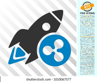 Ripple Rocket pictograph with 7 hundred bonus bitcoin mining and blockchain icons. Vector illustration style is flat iconic symbols designed for blockchain software.