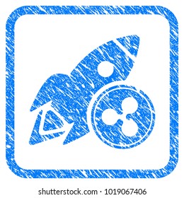 Ripple Rocket rubber seal stamp watermark. Icon vector symbol with grunge design and corrosion texture inside rounded square frame. Scratched blue sticker on a white background.