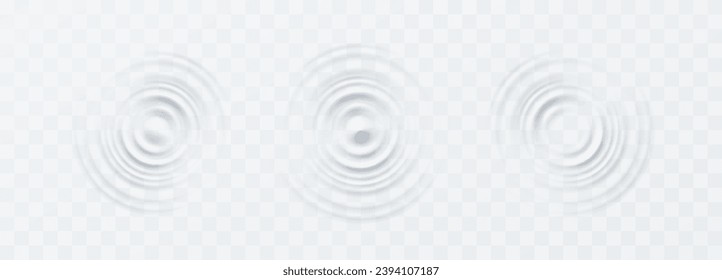 Ripple set, splash water waves surface from drop isolated on transparent background. White sound impact effect top view. Vector circle liquid shampoo, cream or gel swirl round texture template