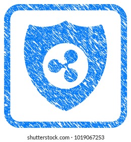 Ripple Shield rubber seal stamp imitation. Icon vector symbol with grunge design and corrosion texture inside rounded square. Scratched blue emblem on a white background.