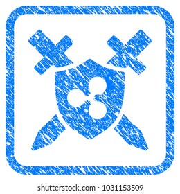 Ripple Shield Swords rubber seal stamp imitation. Icon vector symbol with grunge design and dust texture in rounded square. Scratched blue stamp imitation on a white background.