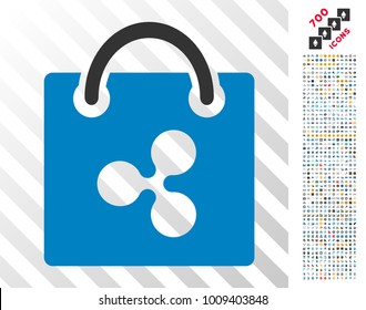 Ripple Shopping Bag icon with 7 hundred bonus bitcoin mining and blockchain clip art. Vector illustration style is flat iconic symbols designed for cryptocurrency apps.