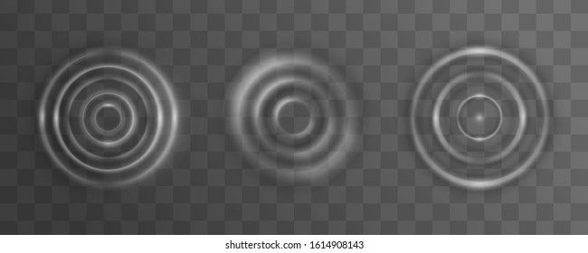 Ripple, splash of water, waves on the surface of a drop. Realistic effects of falling drops or sound waves, concentric circles in a puddle. Water splash exposure top view. Vector illustration, EPS 10.