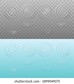 Ripple, splash water waves surface from drop isolated on transparent and realistic blue background. Circle ripple water, swirl round texture template. Vector illustration