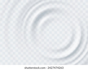 Ondulación, salpicadura de la superficie de las ondas de agua de la gota aislada sobre fondo transparente. Efecto de impacto de sonido blanco vista superior. Vector círculo líquido champú, crema o gel remolino plantilla de textura redonda