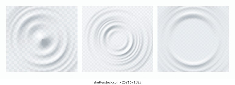 Ripple, splash water waves surface from drop isolated on transparent backgrounds. White sound impact effect top view. Vector circle liquid shampoo, cream or gel swirl round texture templates