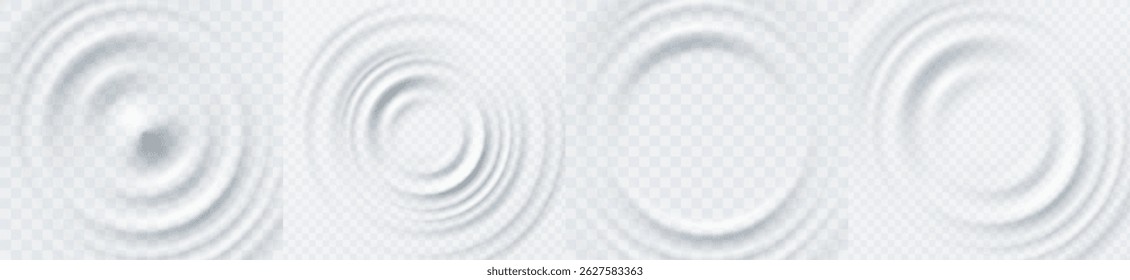 Ondulação, salpicar a superfície das ondas de água da gota isolada no fundo transparente. Vista superior do efeito de impacto de som branco. Shampoo líquido de círculo vetorial, creme ou gel girar em espiral conjunto de moldes de textura