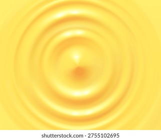 Ripple, splash water waves surface from drop background. Yellow liquid shampoo, orange juice top view. Vector spread, cream, yoghurt or butter swirl round texture