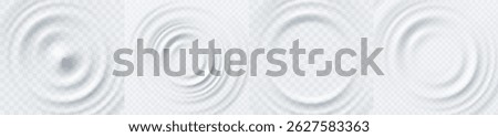 Ripple, splash water waves surface from drop isolated on transparent background. White sound impact effect top view. Vector circle liquid shampoo, cream or gel swirl round texture template set