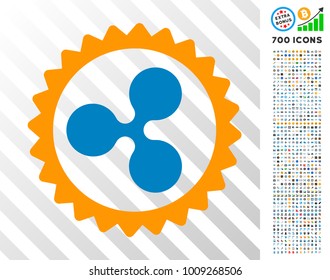 Ripple Stamp pictograph with 7 hundred bonus bitcoin mining and blockchain images. Vector illustration style is flat iconic symbols designed for crypto-currency software.