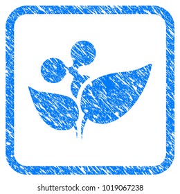 Ripple Startup Sprout rubber seal stamp imitation. Icon vector symbol with grunge design and corrosion texture in rounded square. Scratched blue stamp imitation on a white background.