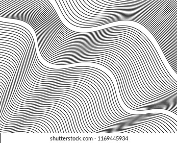 Ripple texture black and white curve lines background vector design. Wave oblique smooth lines optical pattern. Monochrome wave curves texture, black ripple on white.