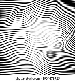 Ripple texture black and white curve lines background vector design. Wave oblique smooth lines optical effect pattern. Monochrome gray scale wave curves texture, black ripple on white.