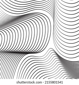 Ripple texture black and white curve lines background vector design. Wave oblique smooth lines optical effect pattern. Monochrome gray scale wave curves texture, black ripple on white.