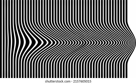 Diseño vectorial de fondo de líneas de curvas blancas y negras de textura rígida. Patrón de efecto óptico de líneas lisas oblicuas onduladas. Curva de onda de escala gris monocroma, retorcimiento negro sobre blanco.