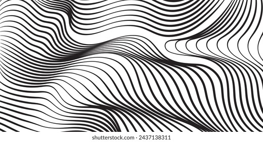 Ripple texture black and white curve lines background vector design. Wave oblique smooth lines optical effect pattern. Monochrome gray scale wave curves texture, black ripple on white.