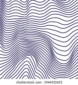 Ripple texture blue and white curve lines background vector design. Wave oblique smooth lines optical pattern. Monochrome wave curves texture, dark blue ripple on white.