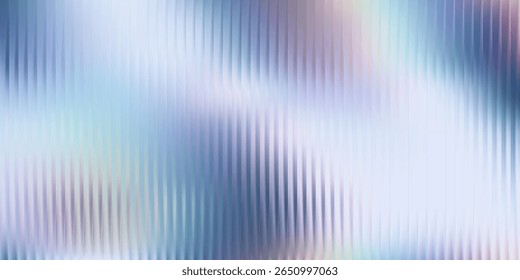 Ripple texture with pastel gradient of blue, mint, and lilac. Iridescent distortion effect, frosted surface, vertical reeded lines. Vector illustration