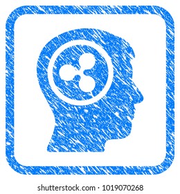 Ripple Think rubber seal stamp imitation. Icon vector symbol with grunge design and dirty texture inside rounded squared frame. Scratched blue sticker on a white background.