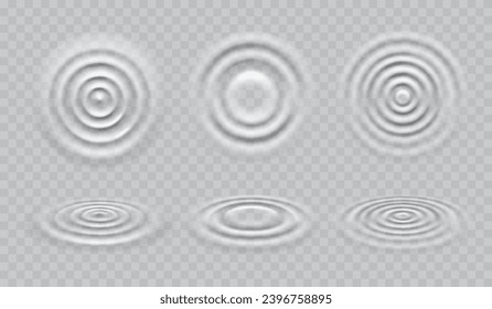 Ripple water circle waves or sound motion and drop splash in liquid, vector background. Droplet ripples on water surface realistic effect with circular transparent texture and concentric waves pattern