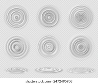 Ripple water circles. Concentric waves on transparent water from falling drops. Top and side view round swirls on puddle surface. Vector set isolated on aqua texture. Pure raindrops, wet surface