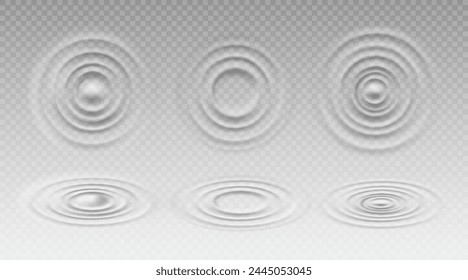 Ripple water ring waves, circular splashes set. Realistic 3d vector concentric circles top and angle view. Round swirl texture on liquid drink or puddle surface from falling drop. Sound wave effect