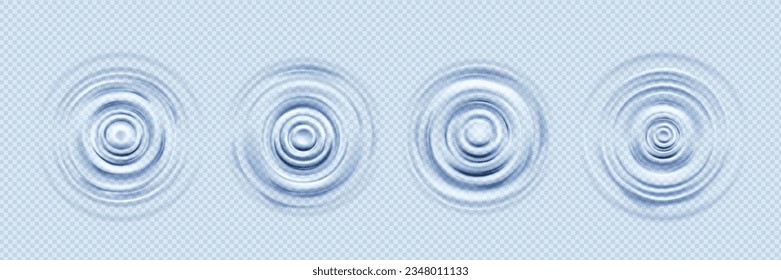 Ripple water wave vector splash motion effect. Circle music sound texture. 3d realistic isolated smooth round puddle top view. Falling drop with white concentric ring. Abstract blue pool aqua impact