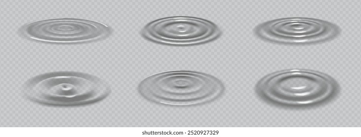 Ondas de agua ondulada vista lateral. Caída de lluvia de Vector salpicadura circular en la superficie del charco, efecto de movimiento de flujo de agua pura o líquido, agua clara u ondas de impacto de fluidos. Textura realista de los anillos