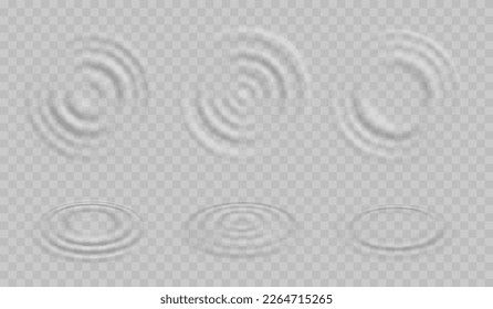 Ripple water waves top view. Rain drop fall circular splash on puddle surface, pure water or liquid flow motion effect, clear aqua or fluid impact waves transparent 3d realistic vector background